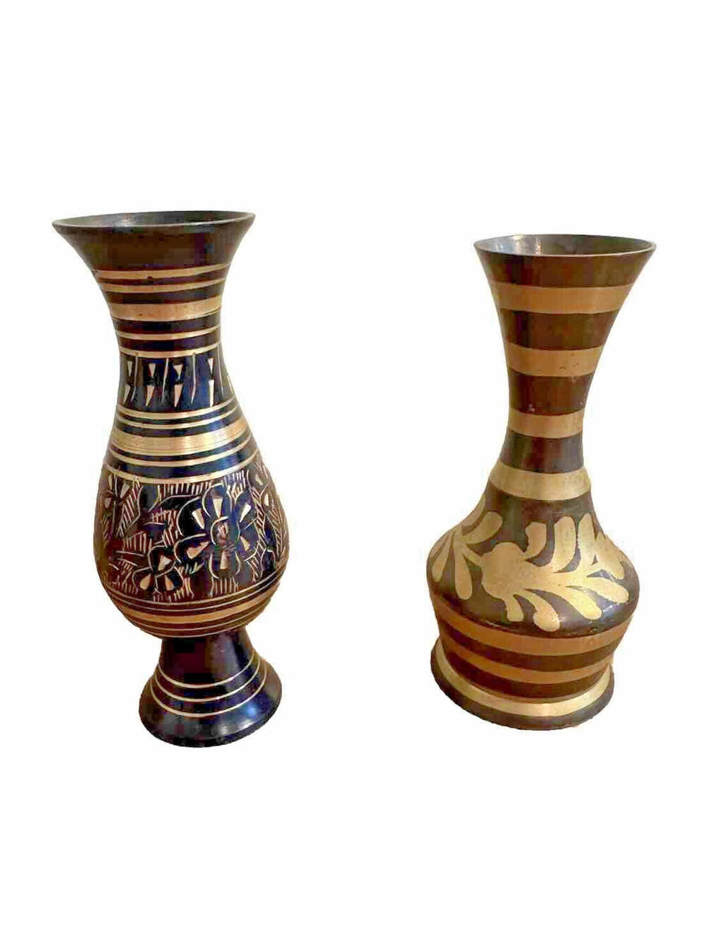 Vintage Etched Brass bud vases made in India etchings are stripes floral